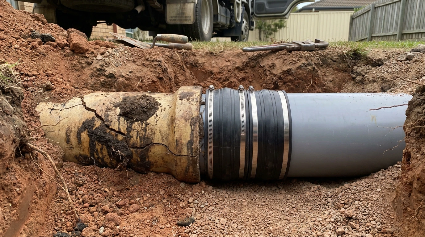 Cracked earthenware drain joined to replacement PVC pipe with a coupling in an excavated Brisbane yard