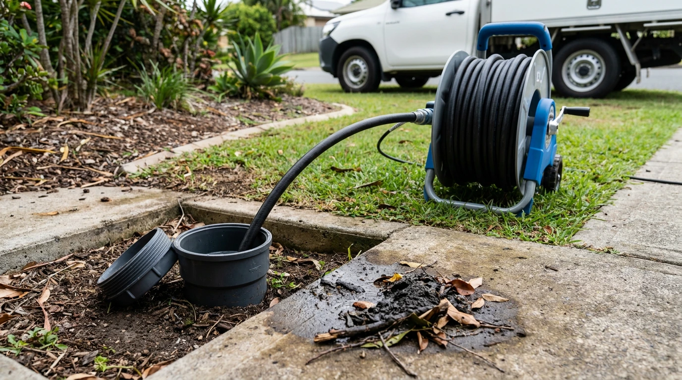 Drain cleaning hose and reel at an open drain access point on a Brisbane property