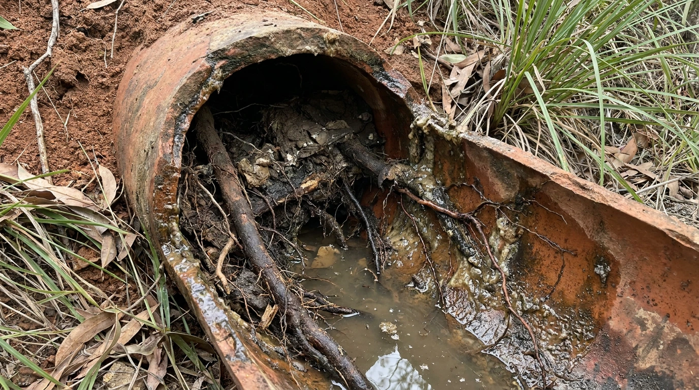 Tree roots and muddy water blocking an exposed earthenware drain pipe in Brisbane