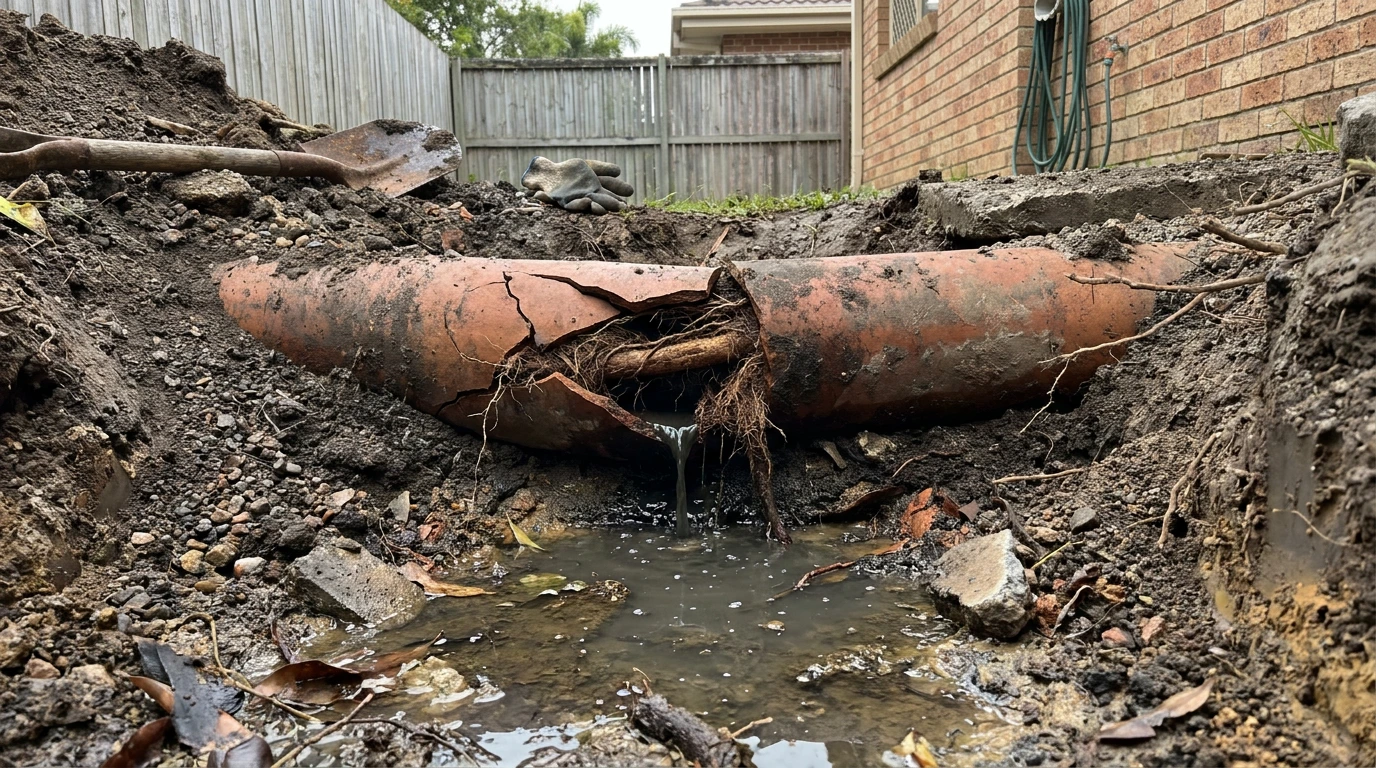 Cracked earthenware drain pipe with tree root intrusion leaking water into an excavated Brisbane yard