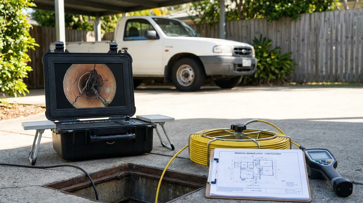CCTV drain inspection equipment, pipe locator and drainage plan beside an open Brisbane driveway drain