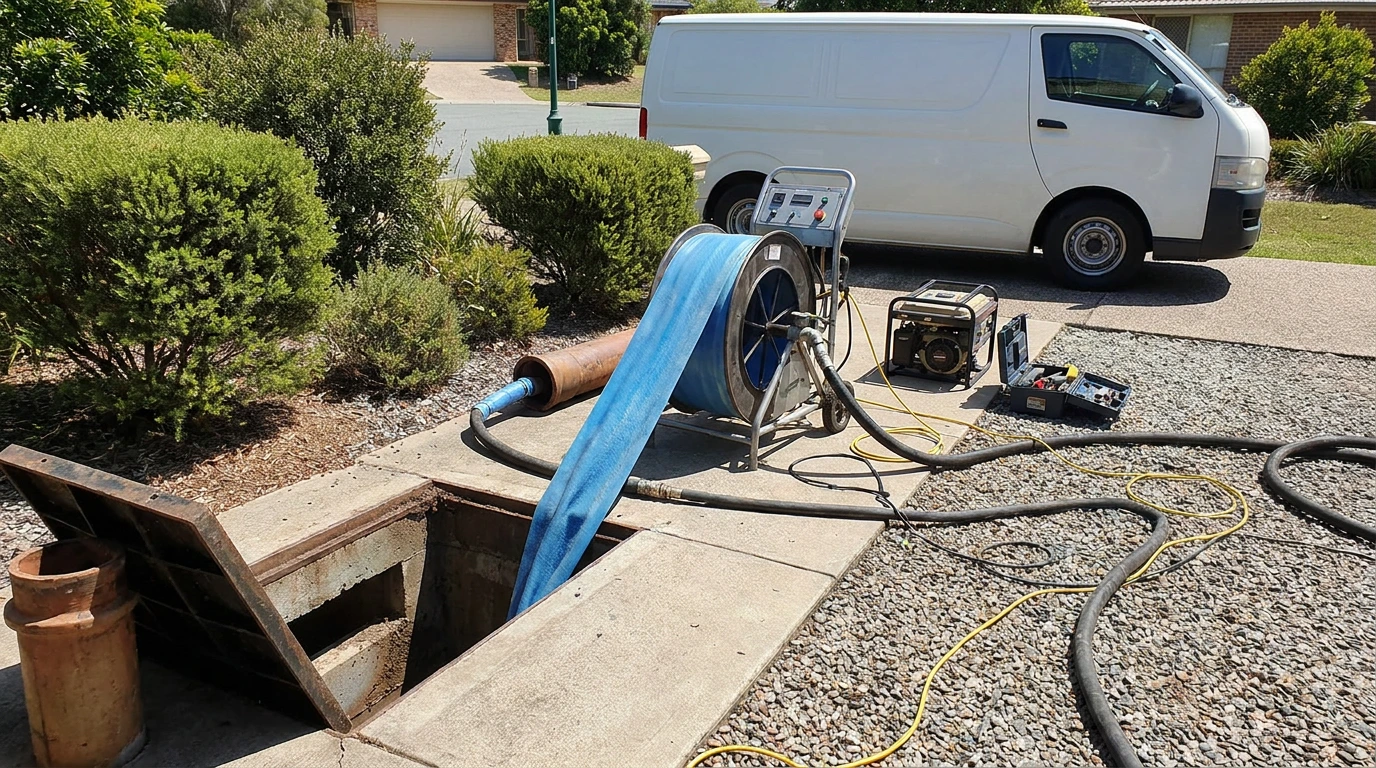 Pipe relining equipment and hoses beside an open drain access chamber on a Brisbane driveway