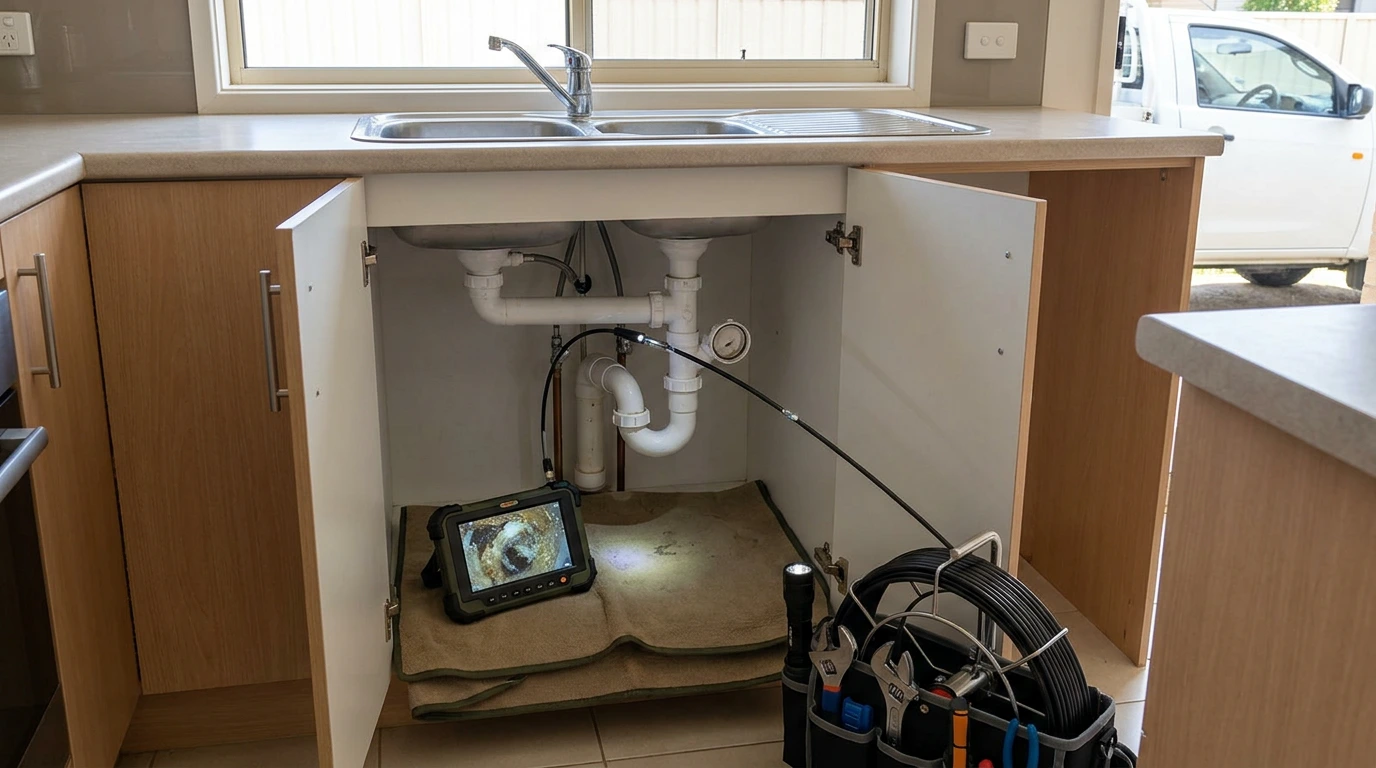 CCTV drain camera inspecting kitchen sink pipework with a monitor showing the inside of the drain